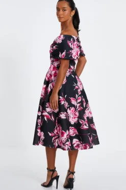Quiz Petite Black Floral Bardot Skater Midi Dress Outlet