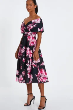 Quiz Petite Black Floral Bardot Skater Midi Dress Outlet