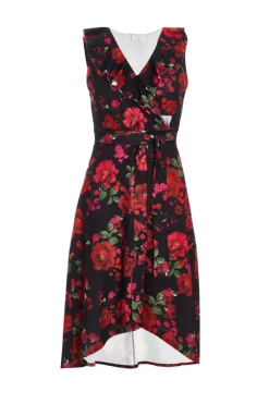 Quiz Petite Black Floral Dip Hem Midi Dress