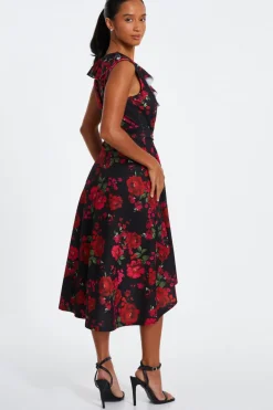 Quiz Petite Black Floral Dip Hem Midi Dress