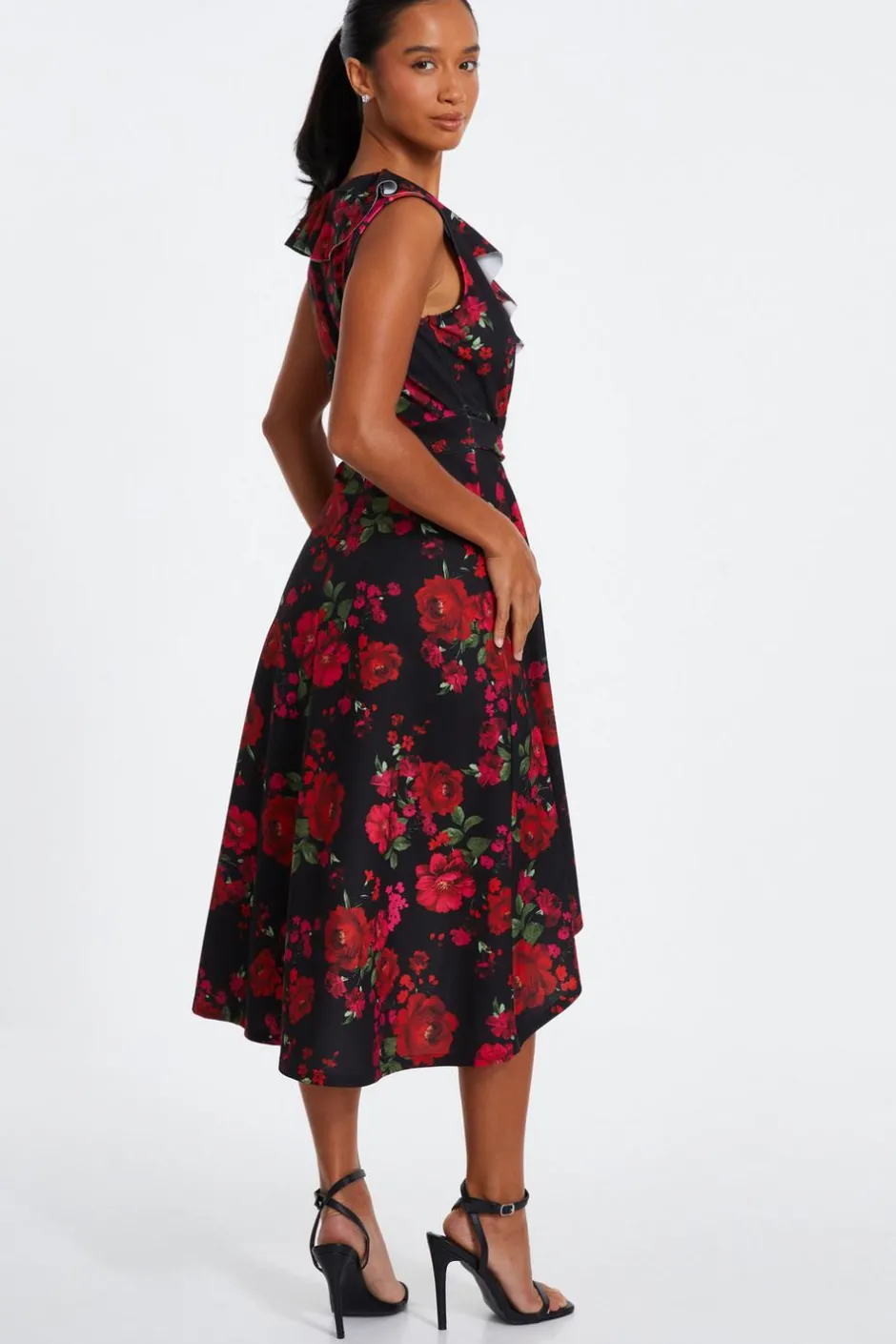 Quiz Petite Black Floral Dip Hem Midi Dress