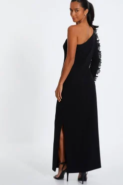Quiz Petite Black Frill One Shoulder Maxi Dress Outlet