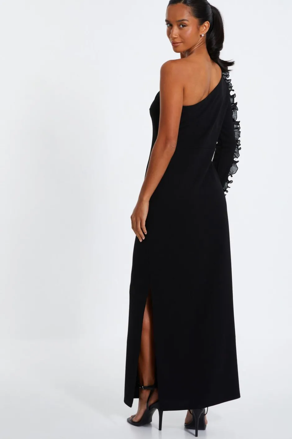 Quiz Petite Black Frill One Shoulder Maxi Dress Outlet