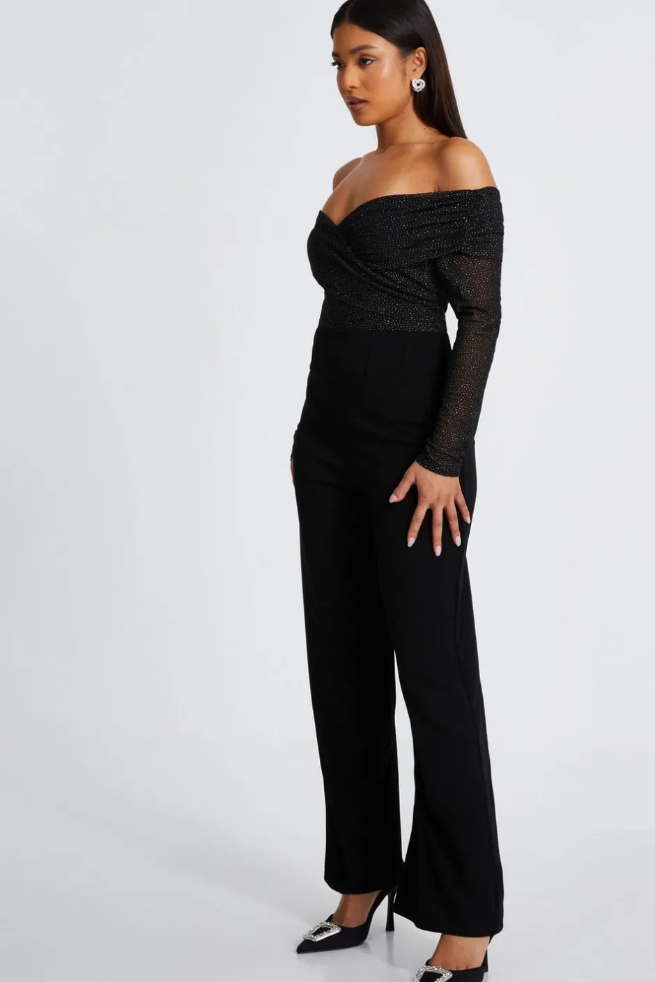Quiz Petite Black Glitter Mesh Jumpsuit Sale