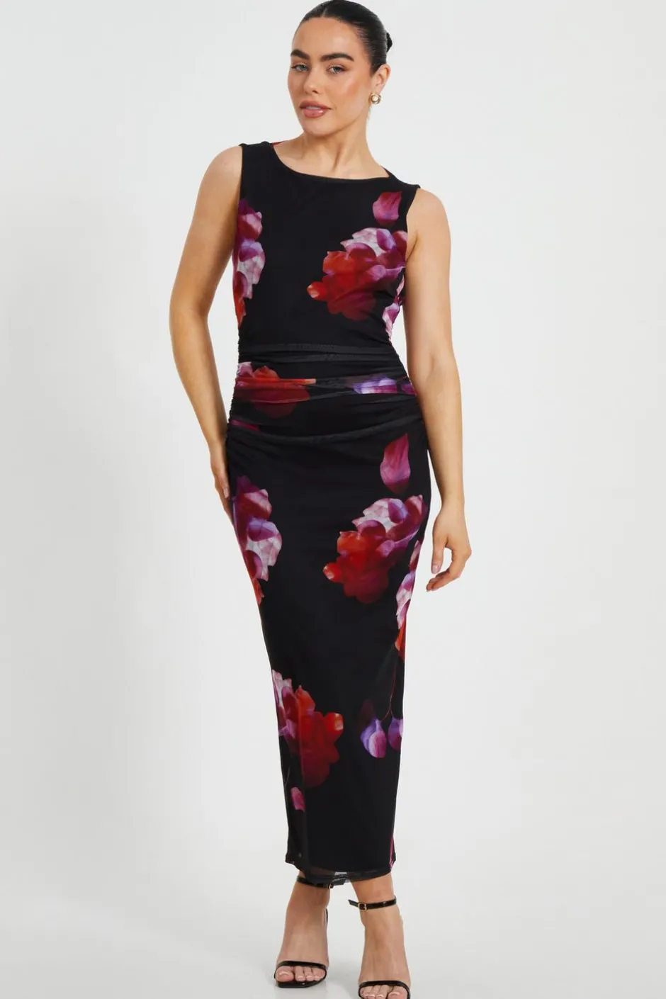 Quiz Petite Black Mesh Floral Midaxi Dress New