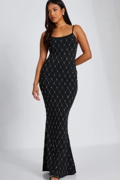 Quiz Petite Black Rhinestone Square Neck Maxi Dress