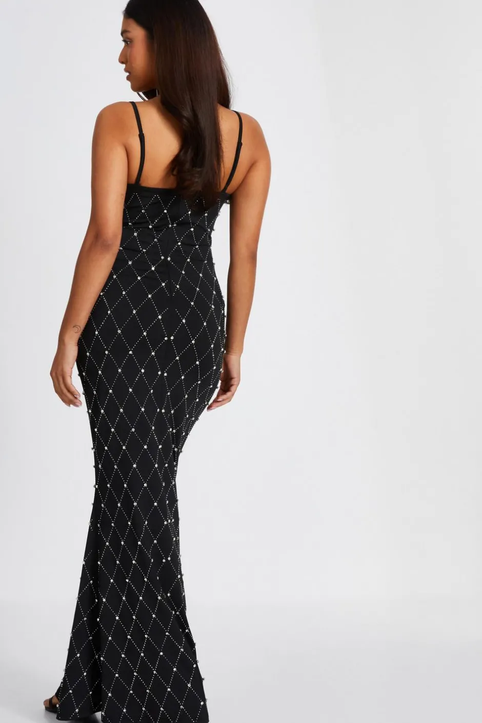 Quiz Petite Black Rhinestone Square Neck Maxi Dress