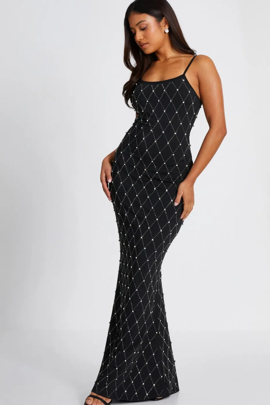 Quiz Petite Black Rhinestone Square Neck Maxi Dress