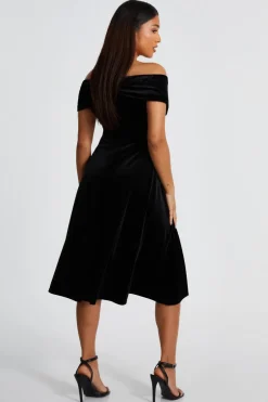 Quiz Petite Black Velvet Bardot Midi Dress Hot