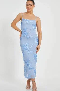 Quiz Petite Blue Floral Applique Midaxi Dress Sale