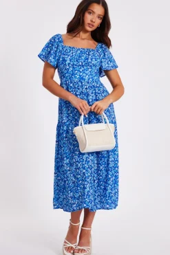 Quiz Petite Blue Floral Print Midi Dress Online