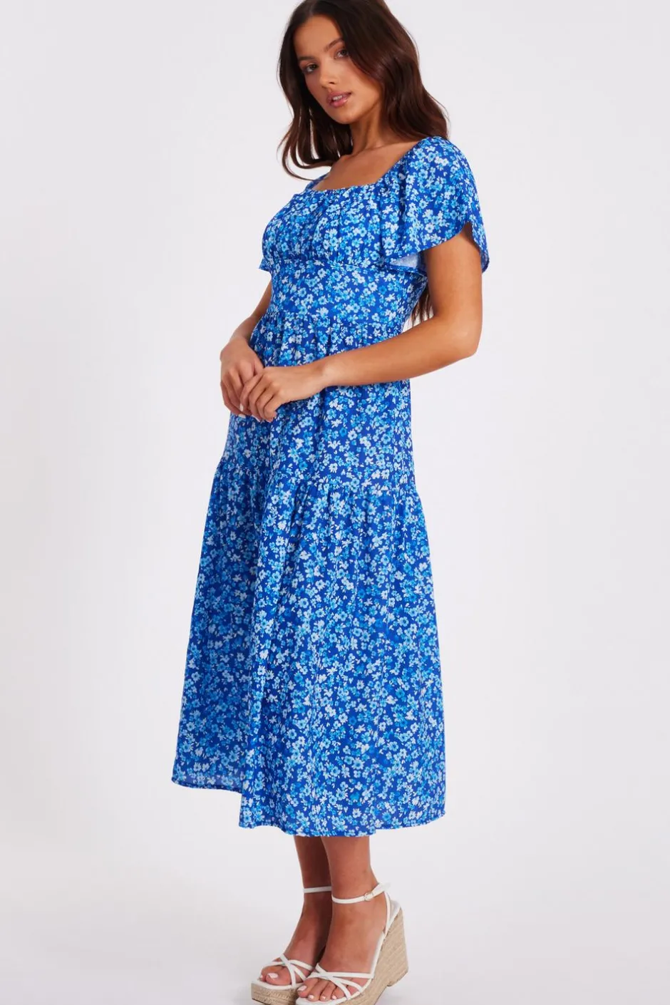 Quiz Petite Blue Floral Print Midi Dress Online
