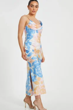 Quiz Petite Blue Satin Floral Midaxi Dress Clearance