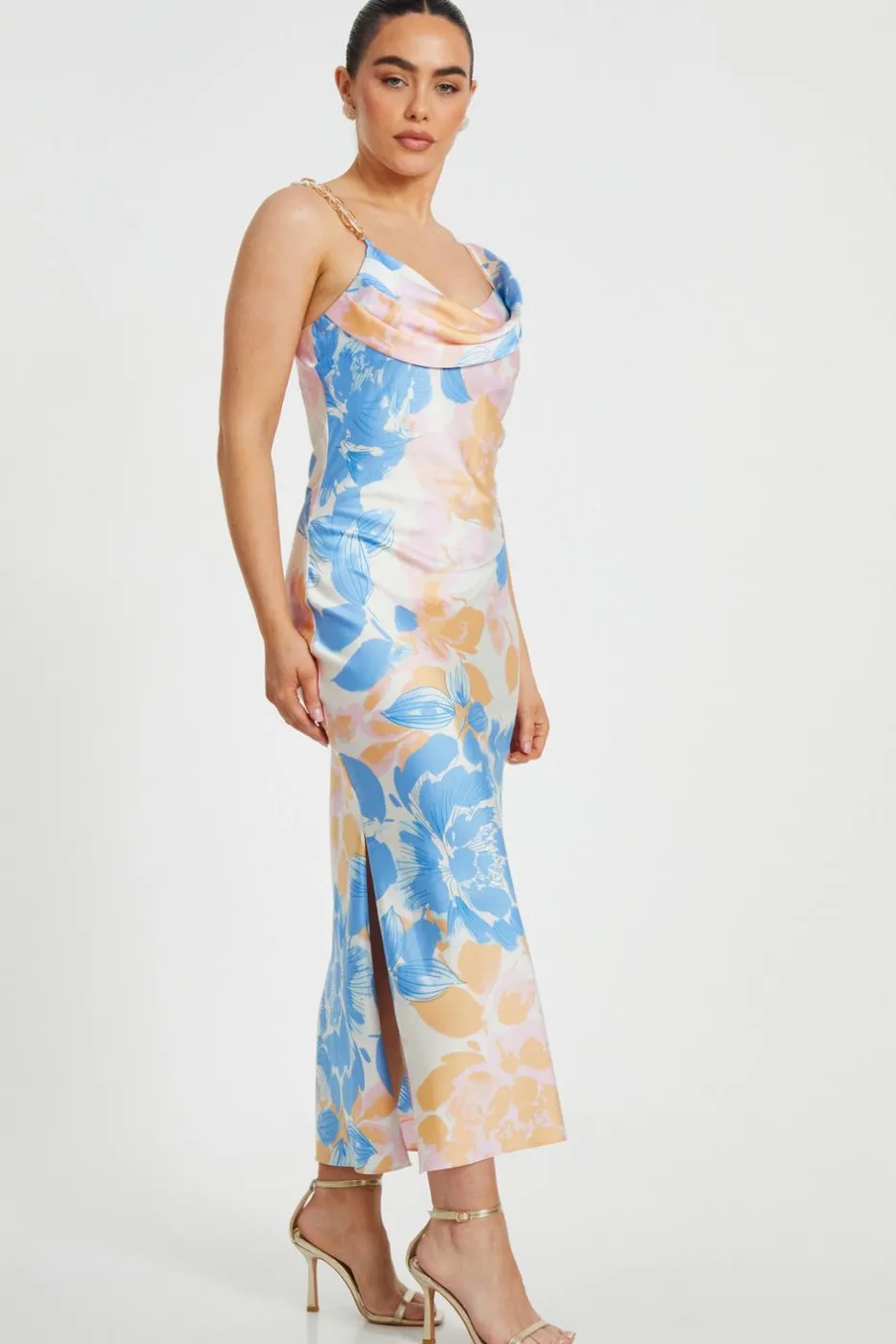 Quiz Petite Blue Satin Floral Midaxi Dress Clearance