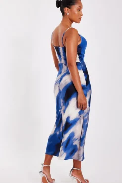 Quiz Petite Blue Satin Marble Midaxi Dress New