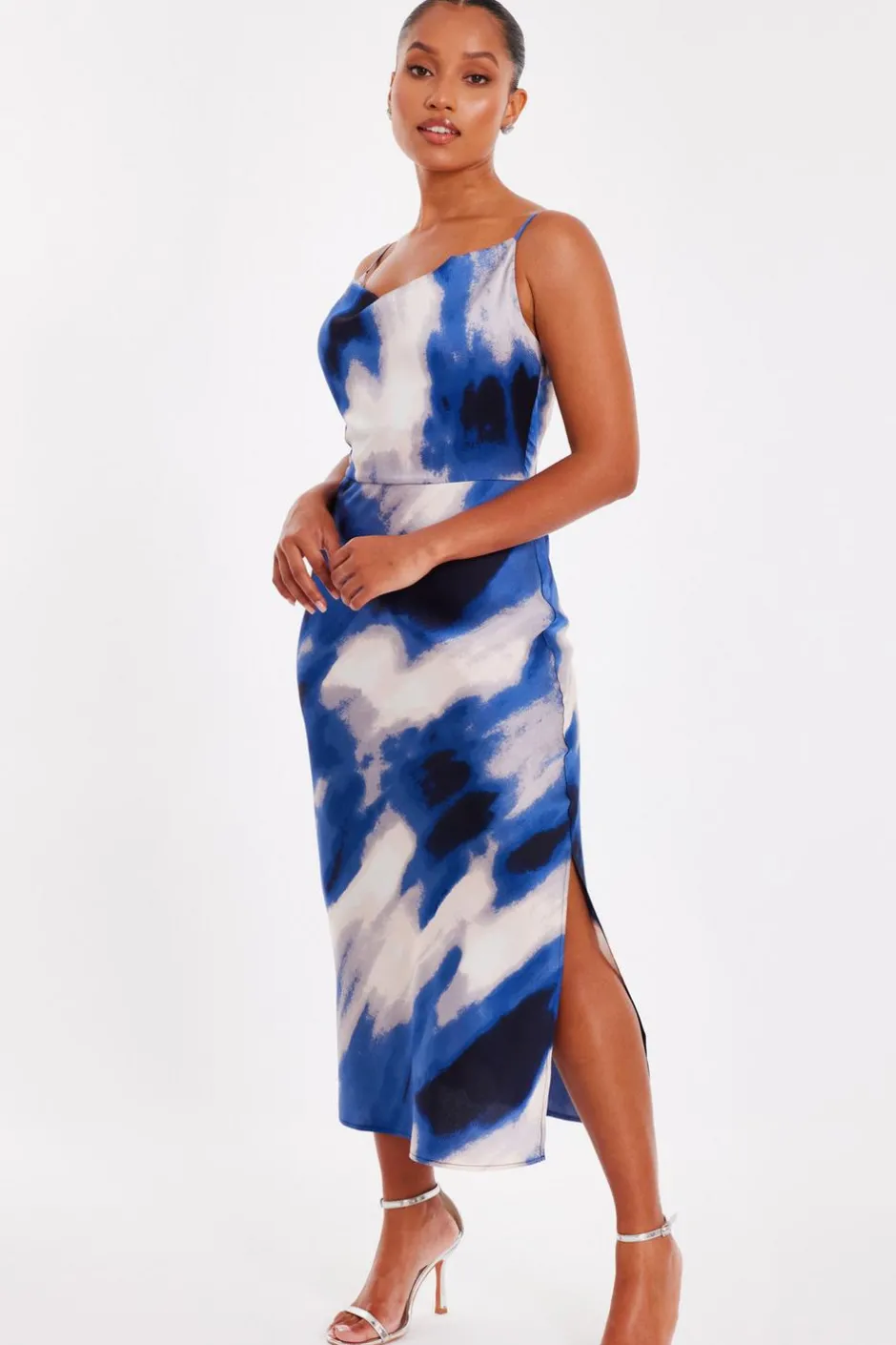 Quiz Petite Blue Satin Marble Midaxi Dress New