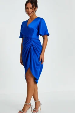 Quiz Petite Blue Satin Ruched Wrap Midi Dress Online
