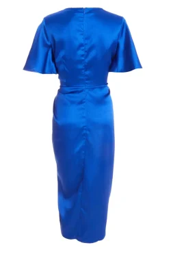 Quiz Petite Blue Satin Ruched Wrap Midi Dress Online
