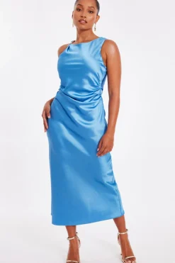 Quiz Petite Blue Satin Ruched Midaxi Dress Hot