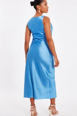 Quiz Petite Blue Satin Ruched Midaxi Dress Hot