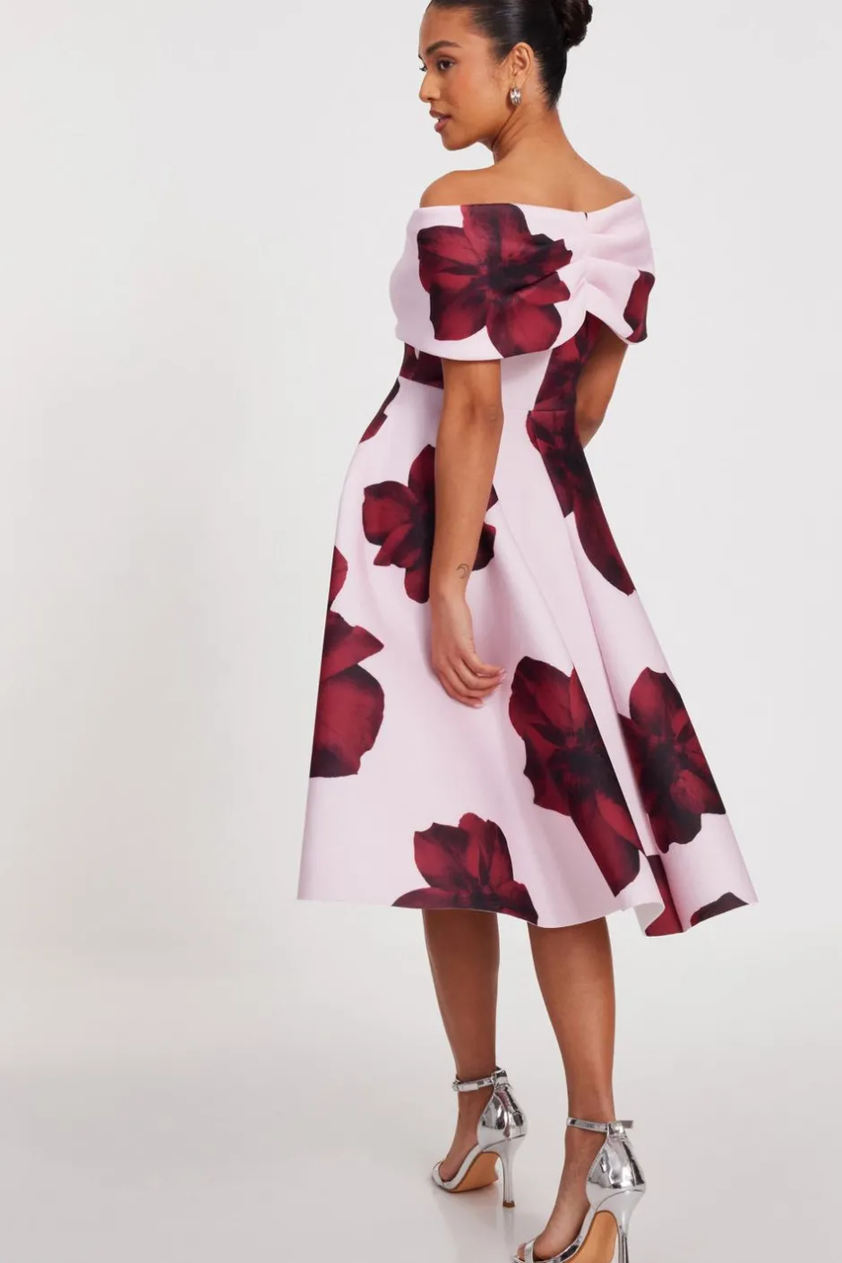 Quiz Petite Blush Bardot Floral Skater Dress Clearance