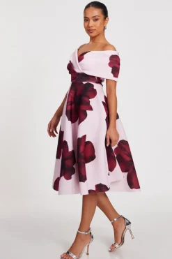 Quiz Petite Blush Bardot Floral Skater Dress Clearance