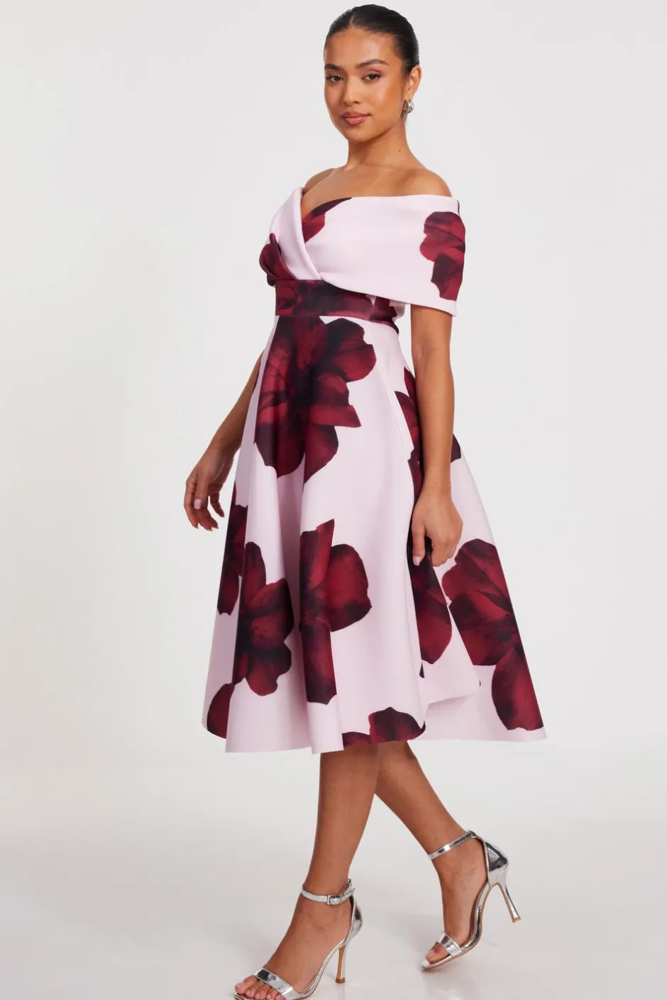 Quiz Petite Blush Bardot Floral Skater Dress Clearance