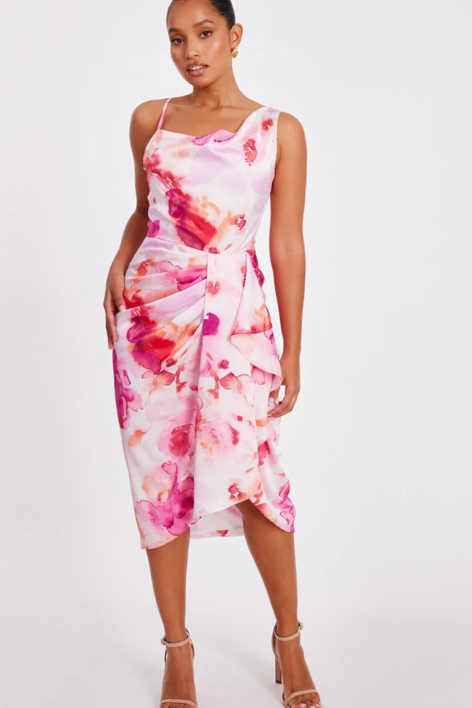 Quiz Petite Blush Floral Print Midi Dress Sale