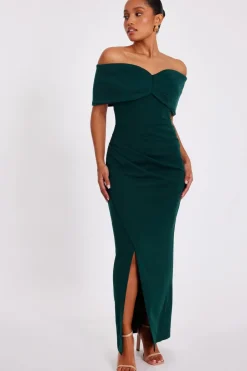 Quiz Petite Bottle Green Bardot Wrap Maxi Dress Sale