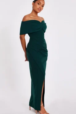 Quiz Petite Bottle Green Bardot Wrap Maxi Dress Sale