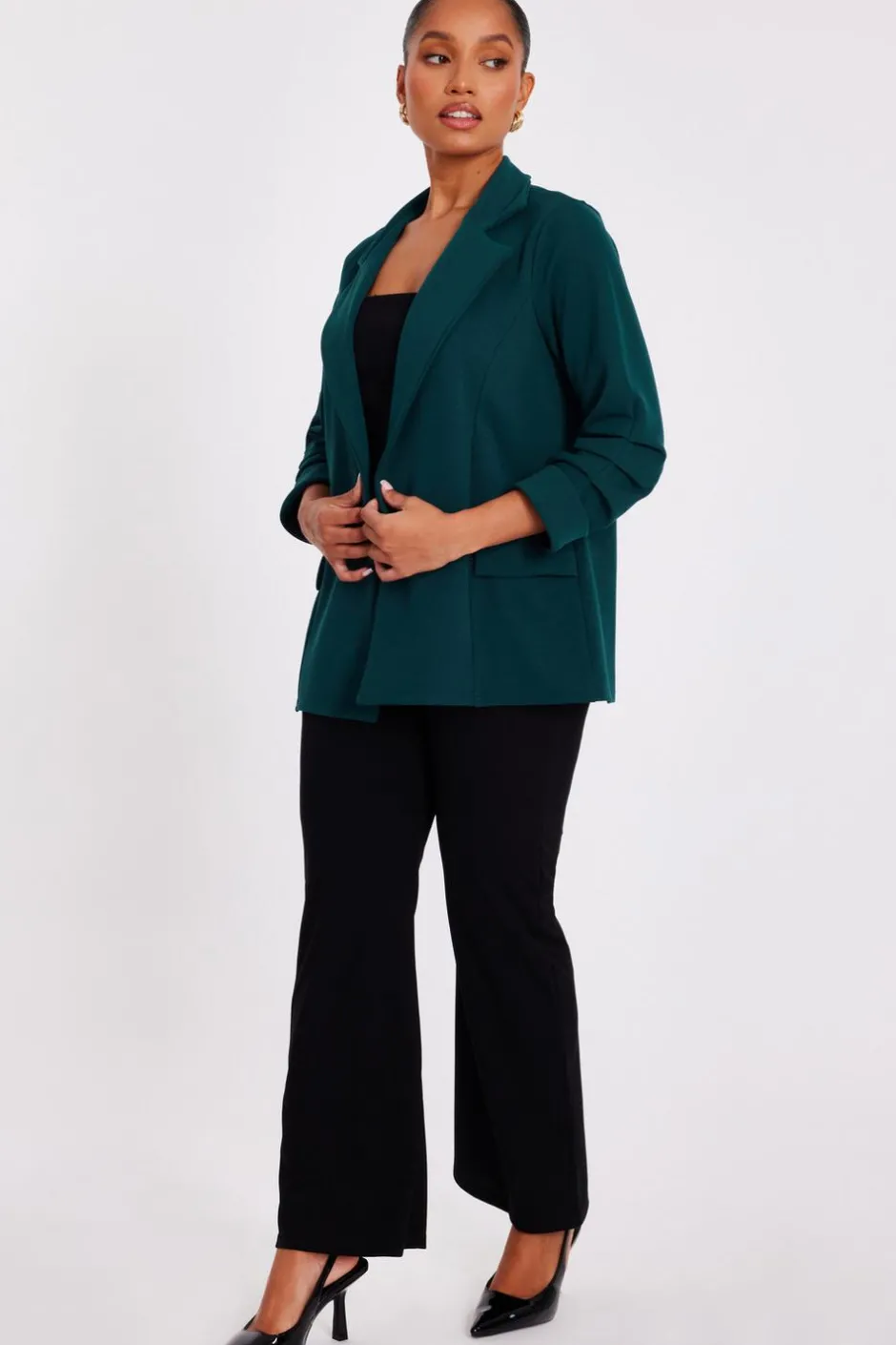 Quiz Petite Ruched Sleeve Blazer Bottle Green Hot
