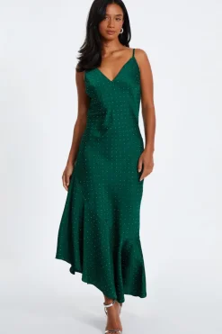 Quiz Petite Bottle Green Satin Asymmetric Midaxi Dress Hot