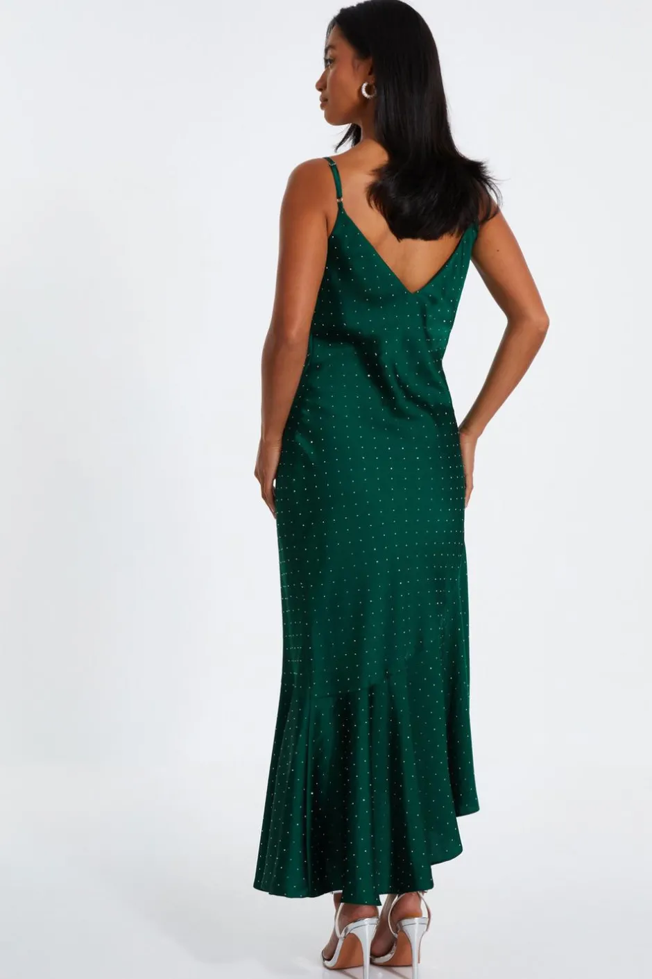 Quiz Petite Bottle Green Satin Asymmetric Midaxi Dress Hot