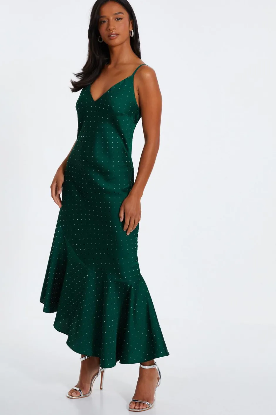 Quiz Petite Bottle Green Satin Asymmetric Midaxi Dress Hot
