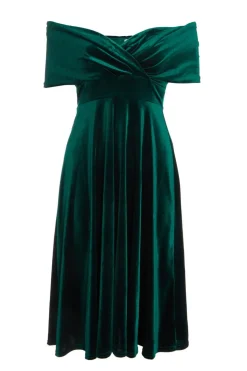 Quiz Petite Bottle Green Velvet Bardot Midi Dress Discount