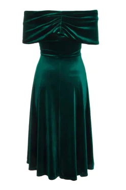 Quiz Petite Bottle Green Velvet Bardot Midi Dress Discount