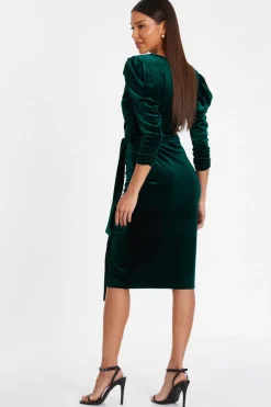 Quiz Petite Bottle Green Velvet Midi Dress Clearance