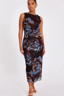 Quiz Petite Brown Floral Mesh Midaxi Dress Online