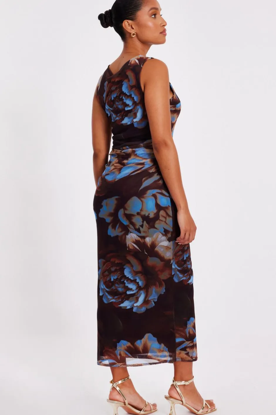 Quiz Petite Brown Floral Mesh Midaxi Dress Online