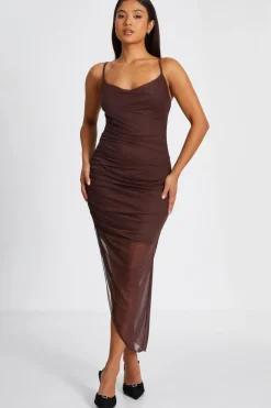 Quiz Petite Brown Glitter Mesh Midaxi Dress New