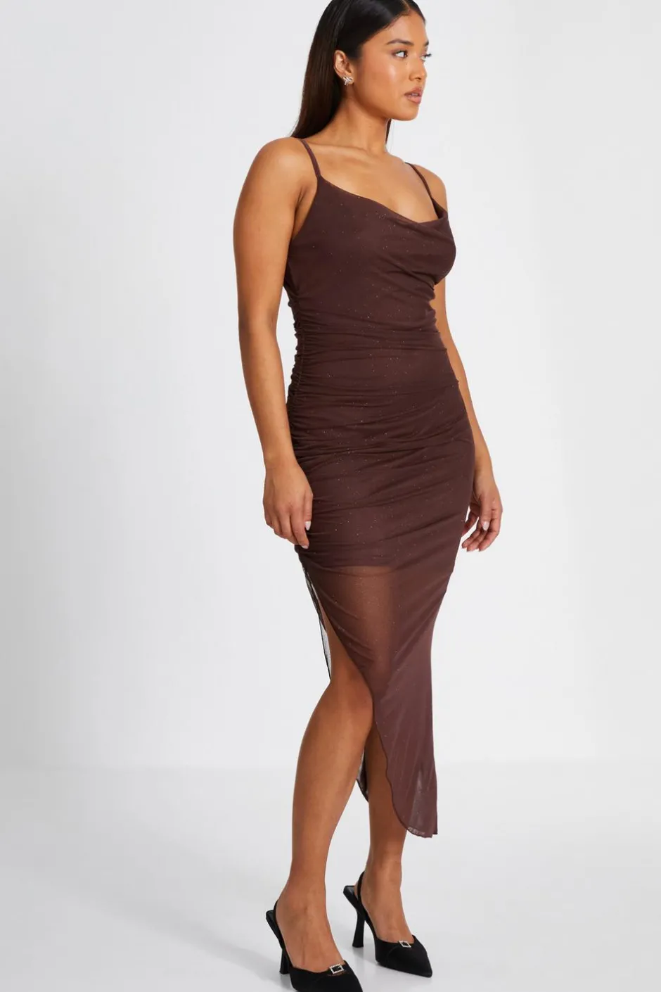 Quiz Petite Brown Glitter Mesh Midaxi Dress New