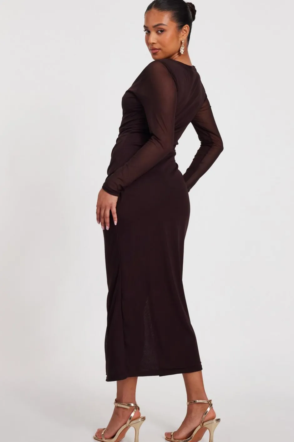 Quiz Petite Brown Mesh Long Sleeve Midaxi Dress Sale