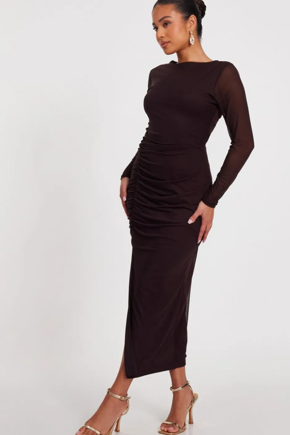 Quiz Petite Brown Mesh Long Sleeve Midaxi Dress Sale