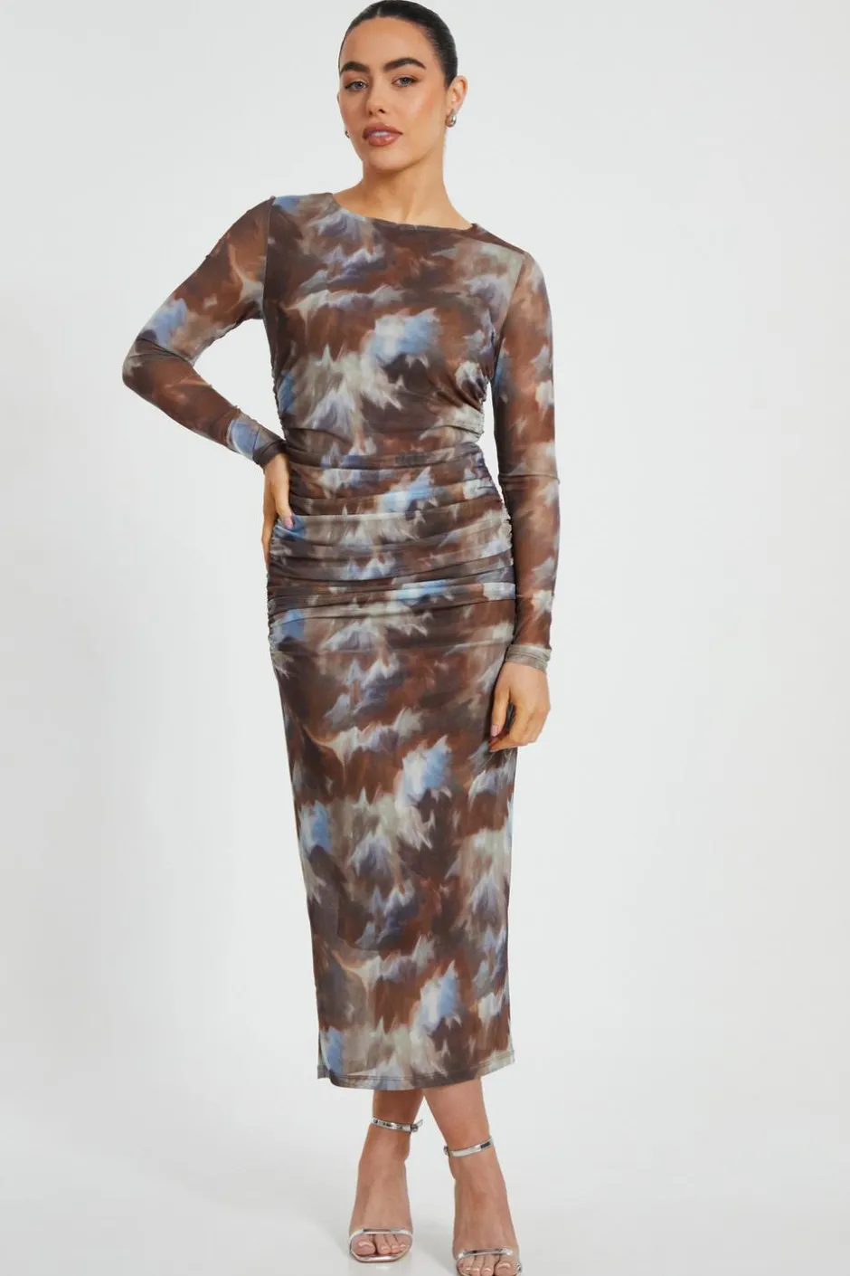 Quiz Petite Brown Mesh Midaxi Dress New