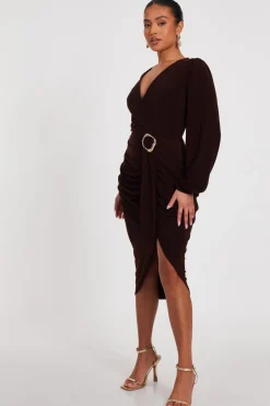 Quiz Petite Brown Ruched Midi Dress Best