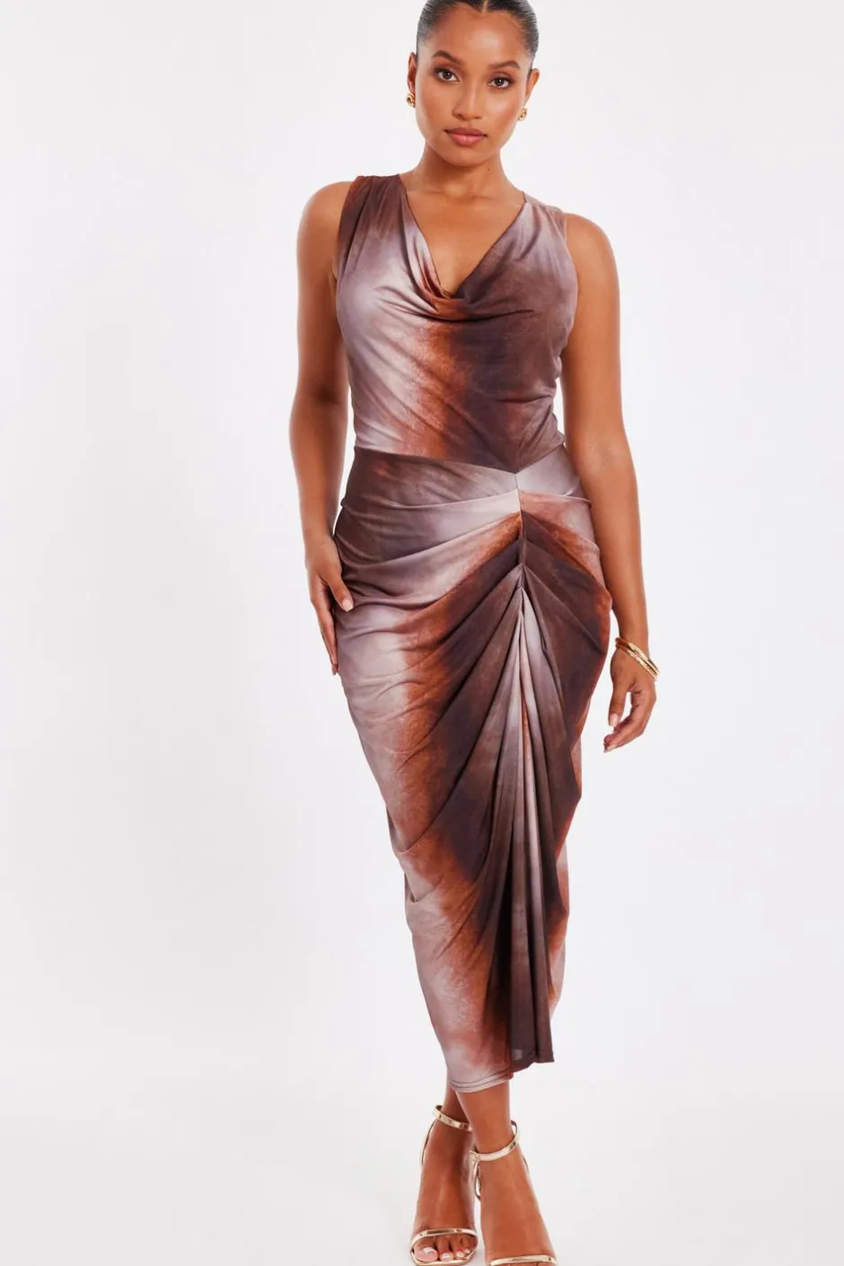 Quiz Petite Brown Ruched Side Midi Dress Discount