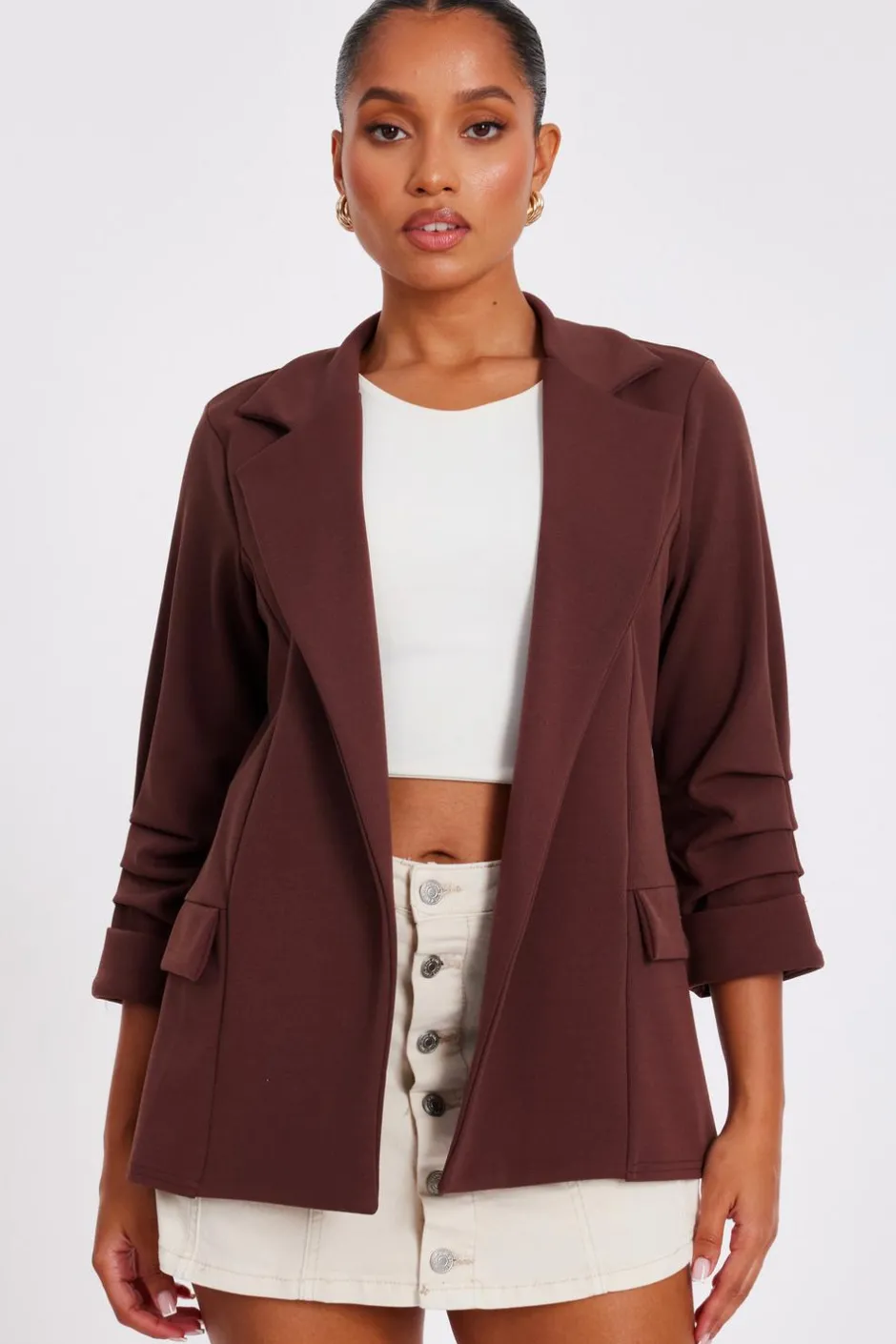 Quiz Petite Ruched Sleeve Blazer Brown Sale