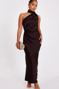 Quiz Petite Brown Satin Wrap Neck Maxi Dress Clearance
