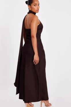 Quiz Petite Brown Satin Wrap Neck Maxi Dress Clearance
