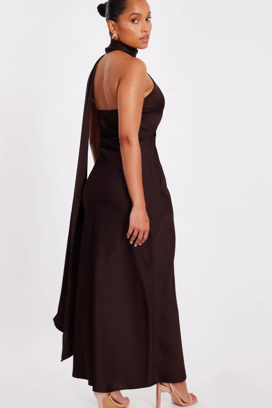 Quiz Petite Brown Satin Wrap Neck Maxi Dress Clearance
